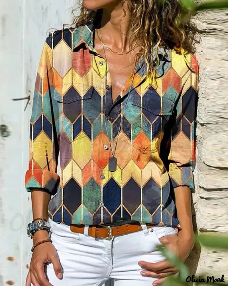 Deanwangkt - Color Block Geometric Print Long Sleeve Shirt - Deanwangkt