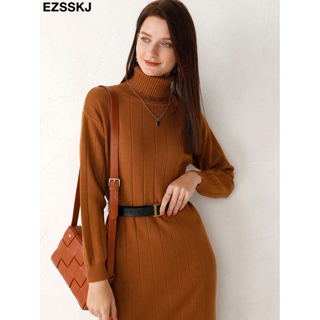 Christmas Gift Deanwangkt Autumn Winter long thick Sweater Dress Women turtleneck long Sleeve straight maix Dress female girl warm long dress - Deanwangkt