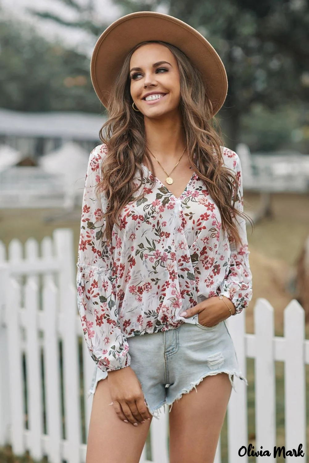Deanwangkt - Multicolor Draped V-Neck Floral Lantern Sleeve Blouse - Deanwangkt