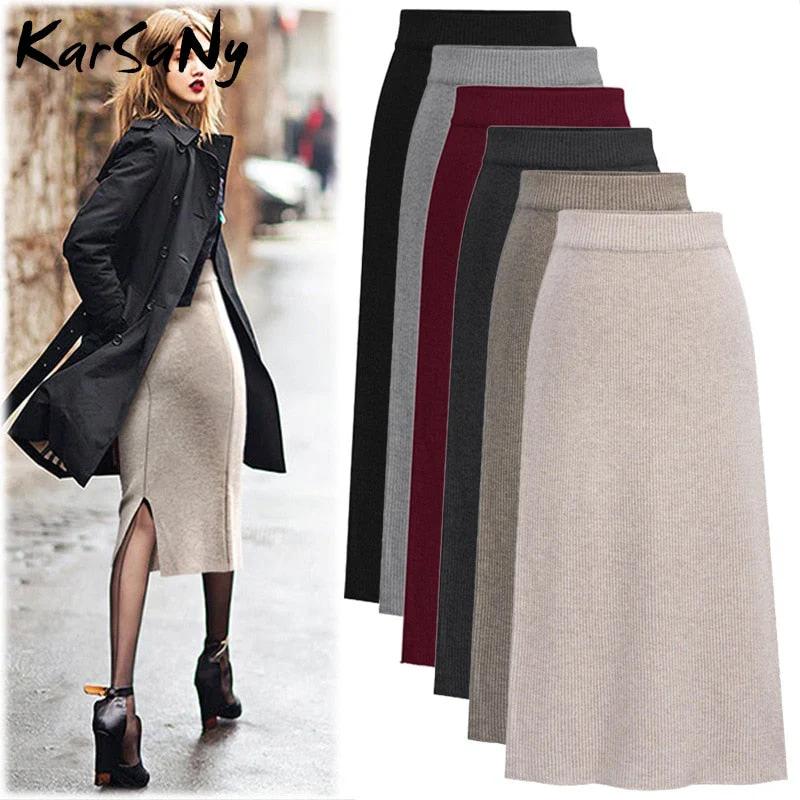 Christmas Gift Autumn Winter Knit Pencil Skirt Women Plus Size High Waist Skirts Womens Knited Split Midi Skirt For Women Autumn 6XL - Deanwangkt
