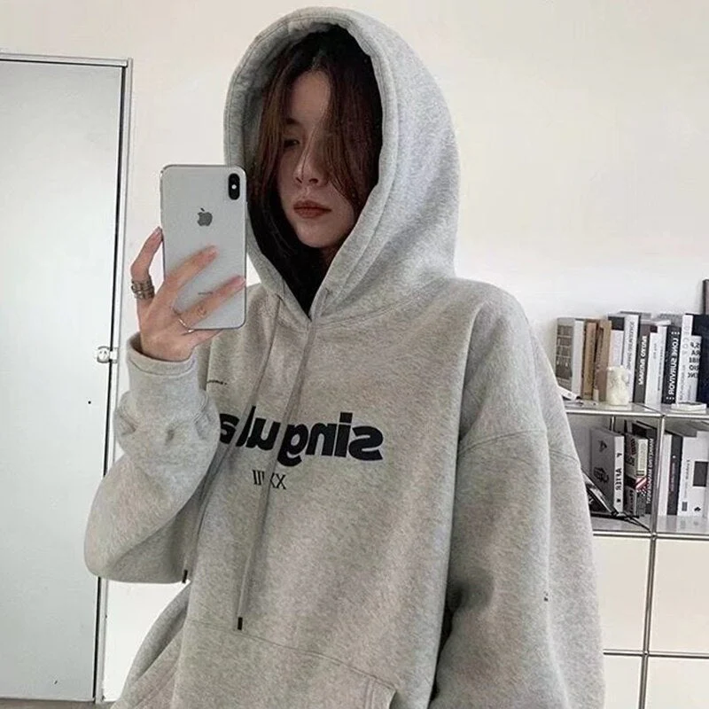 Black Friday Sales Grey Hoodie Women Plus Size Letter Print Sweatshirt Loose Street Lazy Style Casual Autumn And Winter Pullover - Deanwangkt