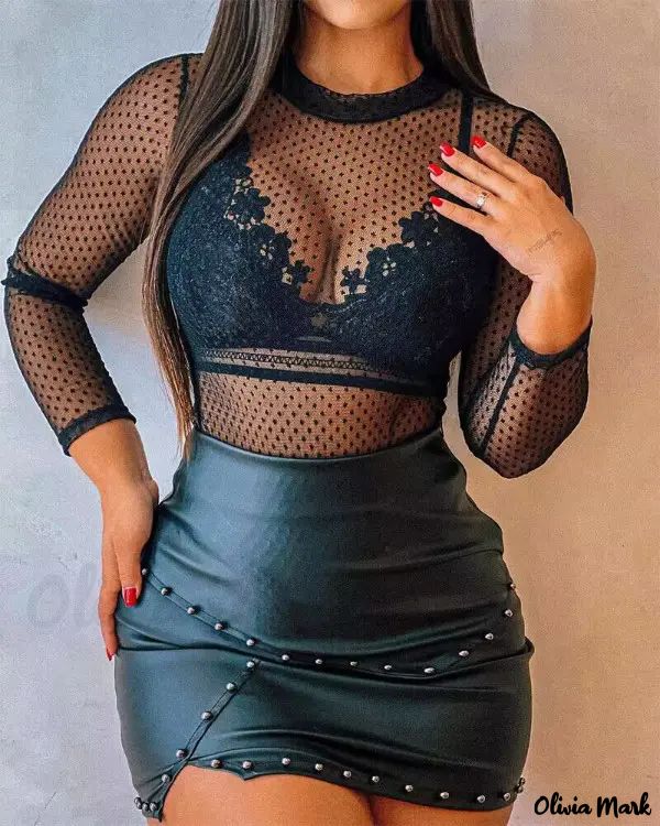 Deanwangkt - Polka Dot Mesh Long Sleeve Top with Lace Bra - Deanwangkt