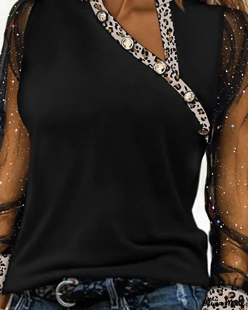 Deanwangkt - Leopard Print Contrast Mesh Long Sleeve Top - Deanwangkt