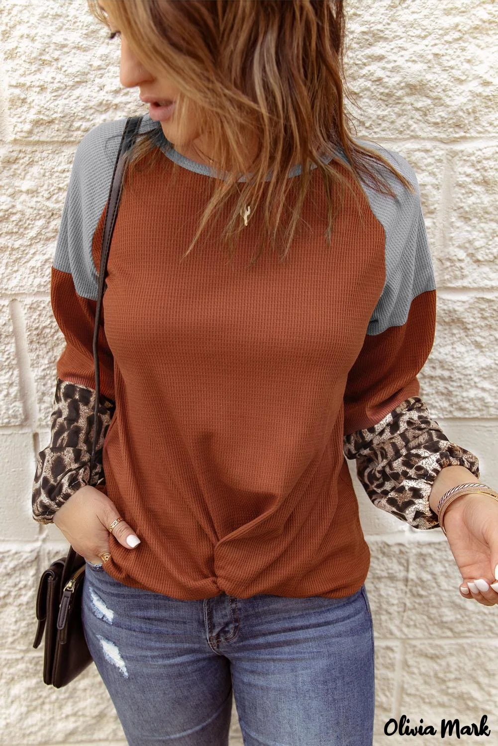 Deanwangkt - Black Waffle Knit Leopard Long Sleeve Twist Knot Blouse - Deanwangkt