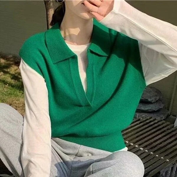Christmas Gift Deanwangkt New Spring Autumn Women Sweaters Pullovers Striped Sleeveless Knitted POLO Collar Wild Short Vests SWV3092JX - Deanwangkt