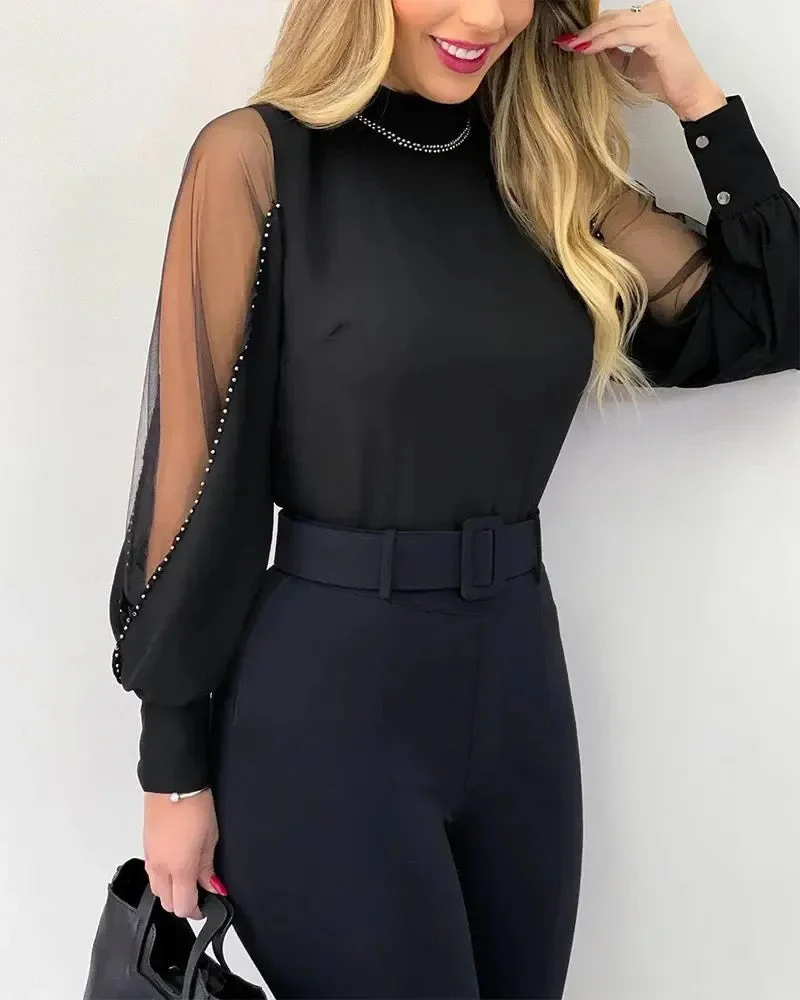 Deanwangkt - Studded Contrast Tulle Long Sleeve Top - Deanwangkt
