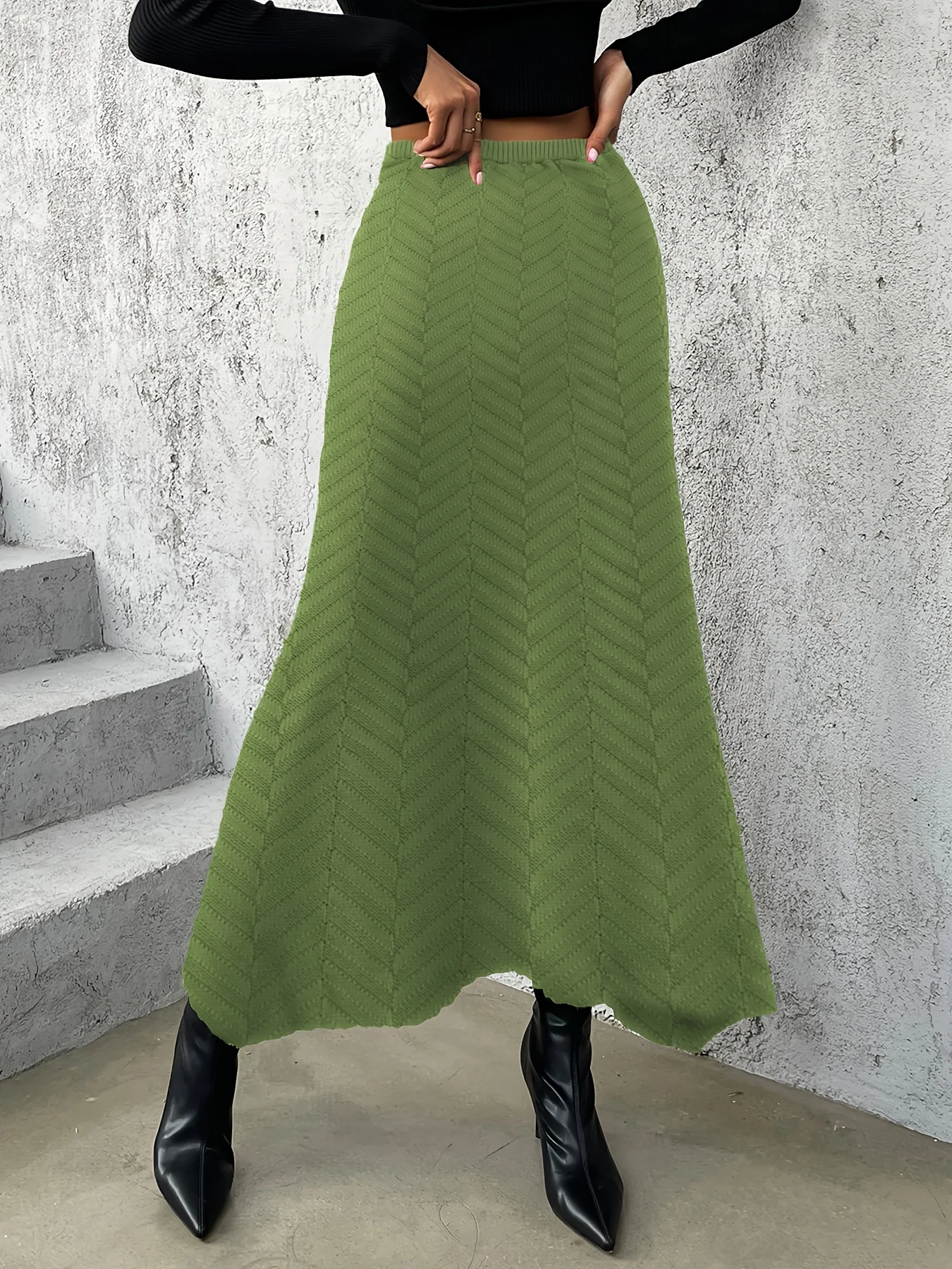 deanwangkt-1  Solid Textured High Waist Knitted Skirt, Elegant Maxi Skirt For Fall & Winter, Women's Clothing - Deanwangkt