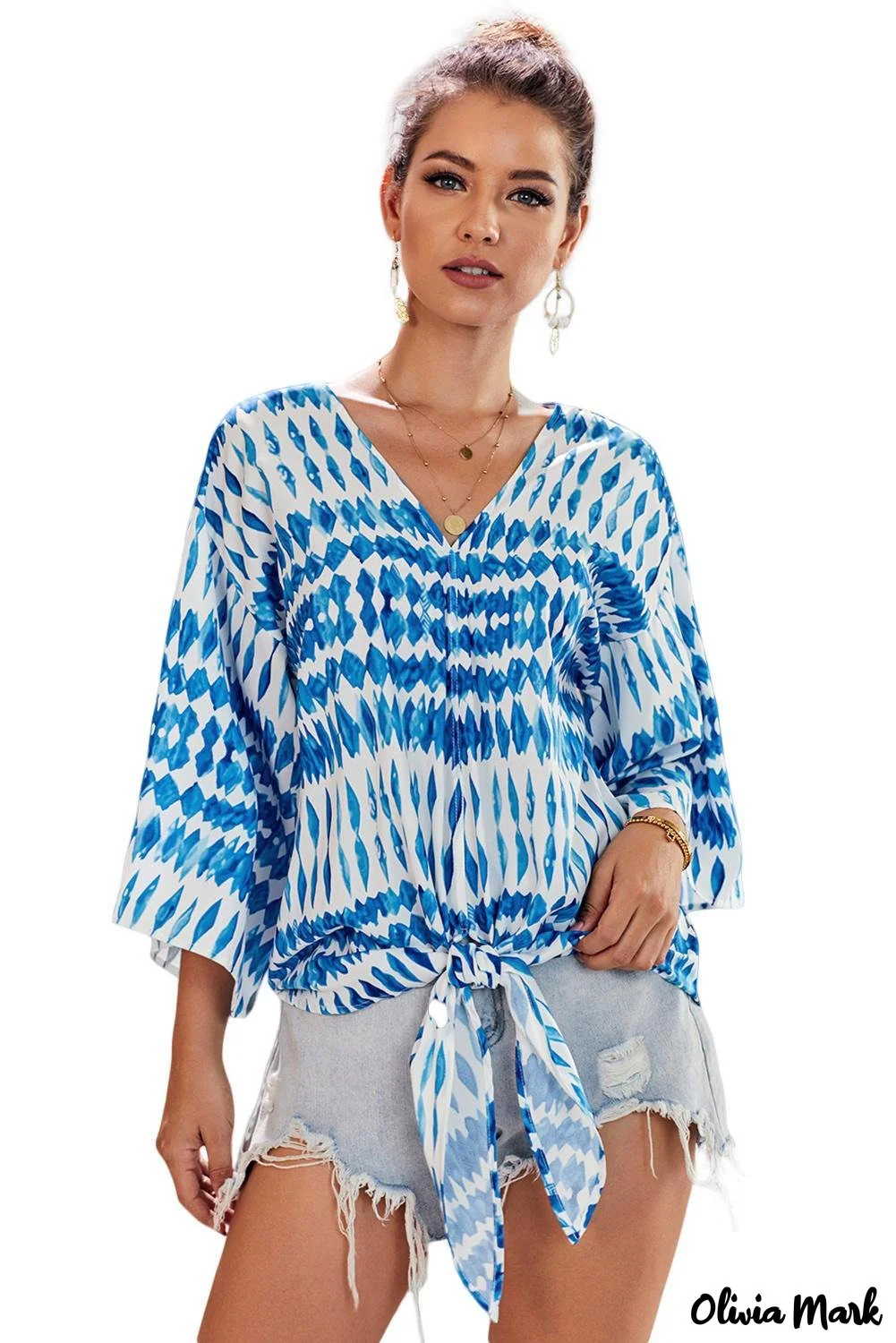 Deanwangkt - Multicolor Floral Print Deep V-Neck Tie Front Blouse - Deanwangkt