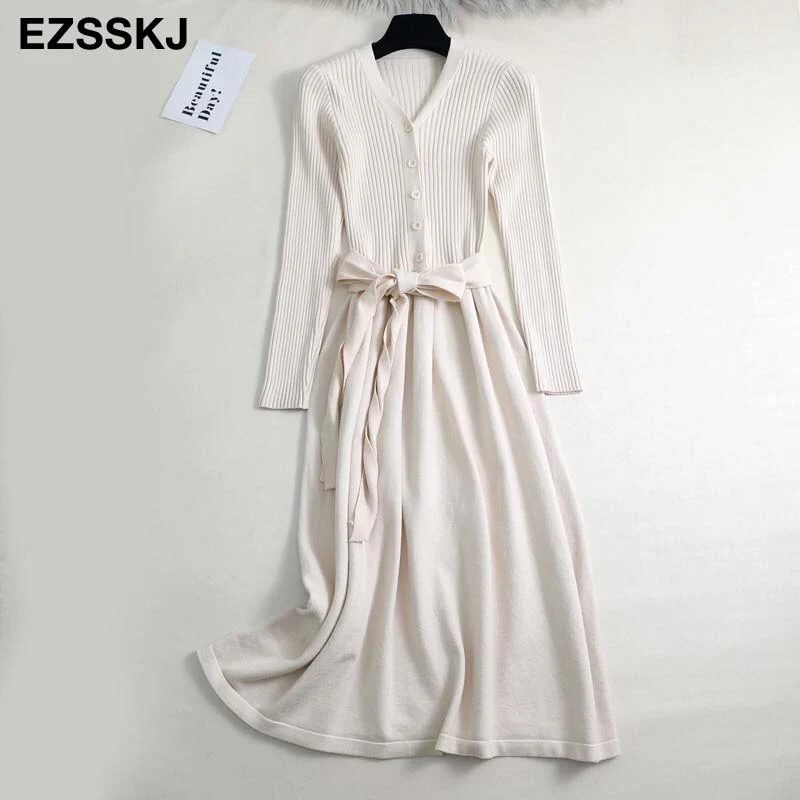 Christmas Gift Deanwangktautumn winter v-neck maxi sweater dress women OL female long sweater dress with belt elegant a-line solid slim dress - Deanwangkt