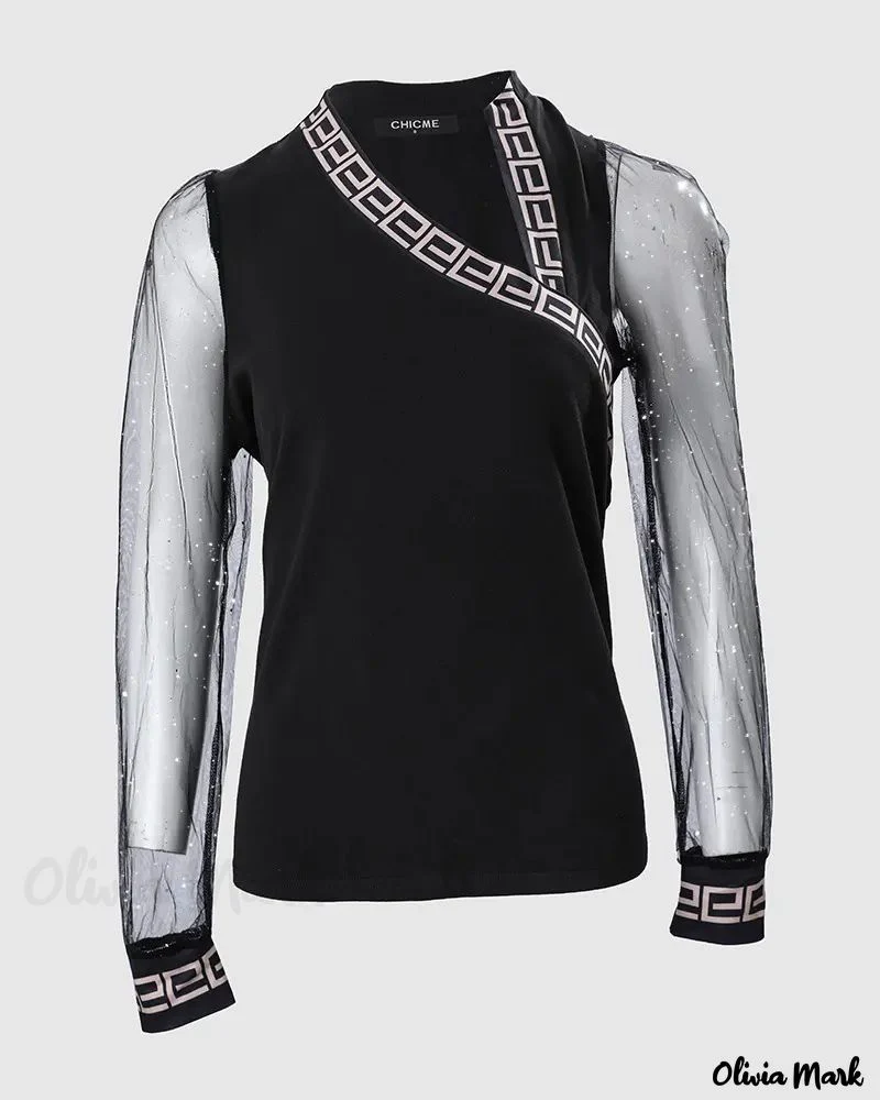 Deanwangkt - Geometric Trim Glitter Sheer Mesh Long Sleeve Top - Deanwangkt