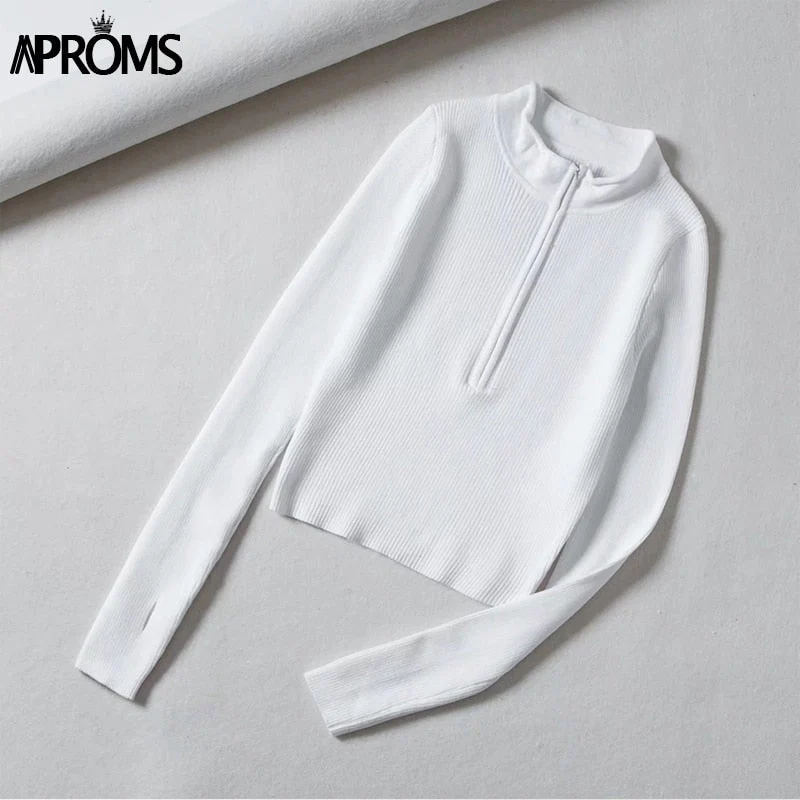 Christmas Gift Aproms Elegant High Neck Zipper Front Knitted Sweater Women Solid Basic Cropped Pullover Winter Spring Fashion Clothing Top Deanwangkt - Deanwangkt
