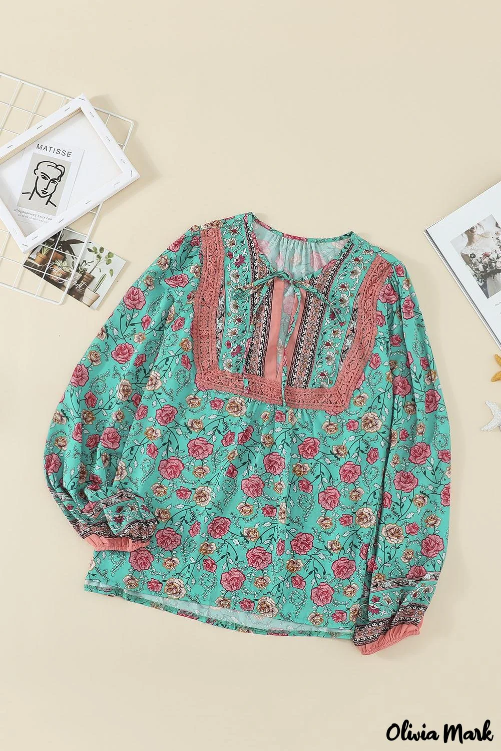 Deanwangkt - Green Floral Lantern Sleeve Blouse - Deanwangkt