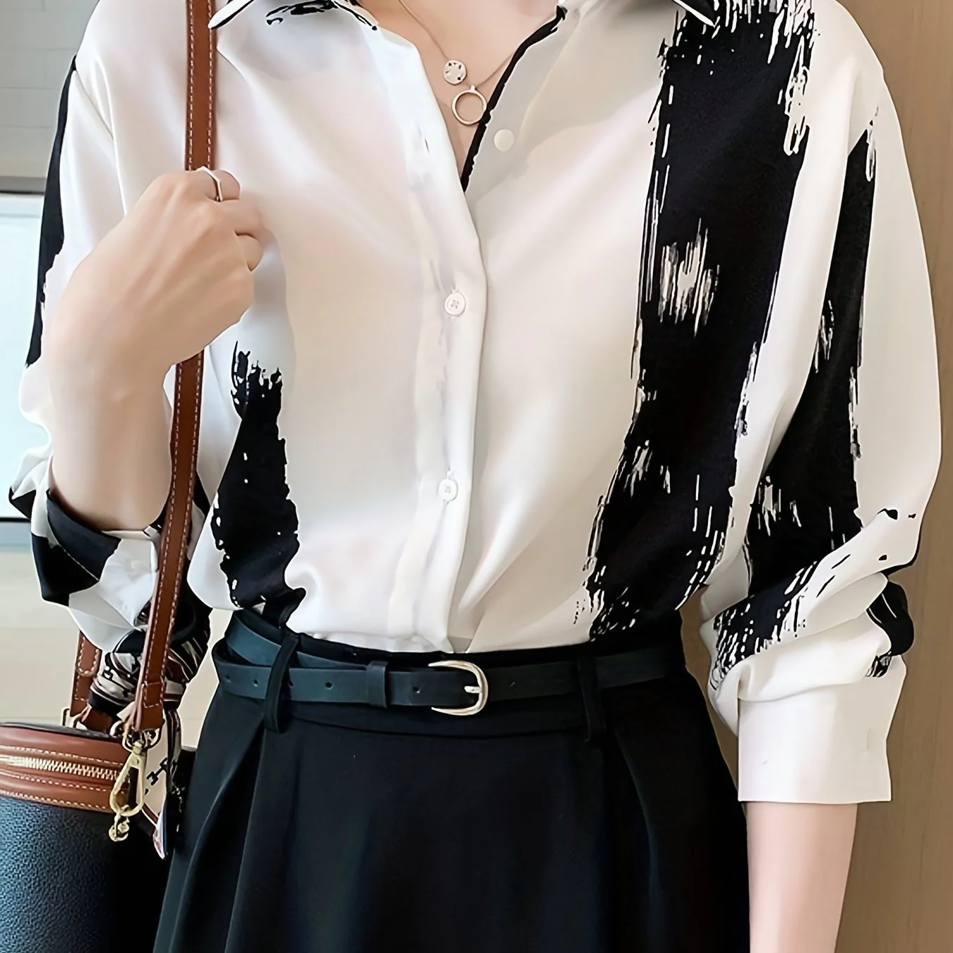 Brush Print Button Front Shirt, Casual Turn Down Collar Long Sleeve Shirt, Women's Clothing - Deanwangkt