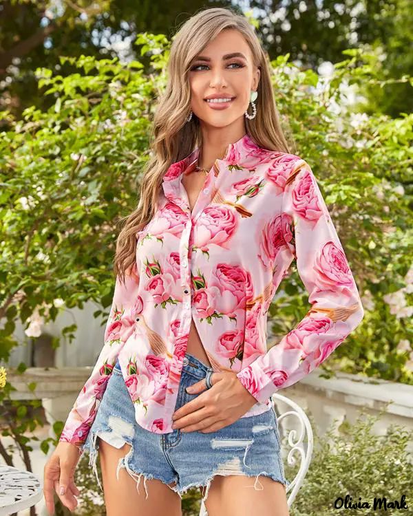 Deanwangkt - Womens Floral Print Long Sleeve Button-Down Blouse - Deanwangkt