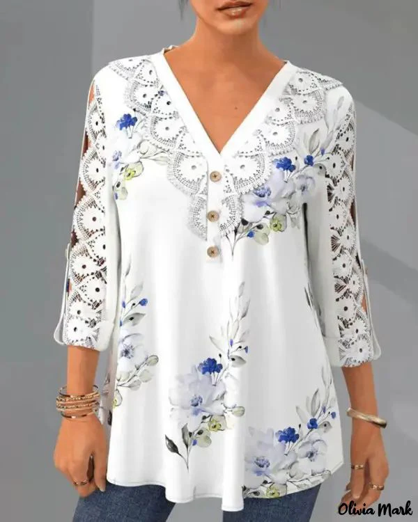 Deanwangkt - Floral Print Contrast Lace Button Front Top - Deanwangkt
