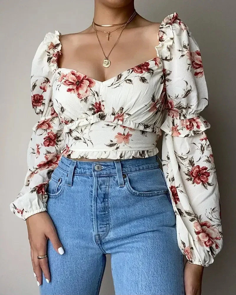Deanwangkt - Floral Print Ruffle Hem Long Sleeve Crop Top - Deanwangkt