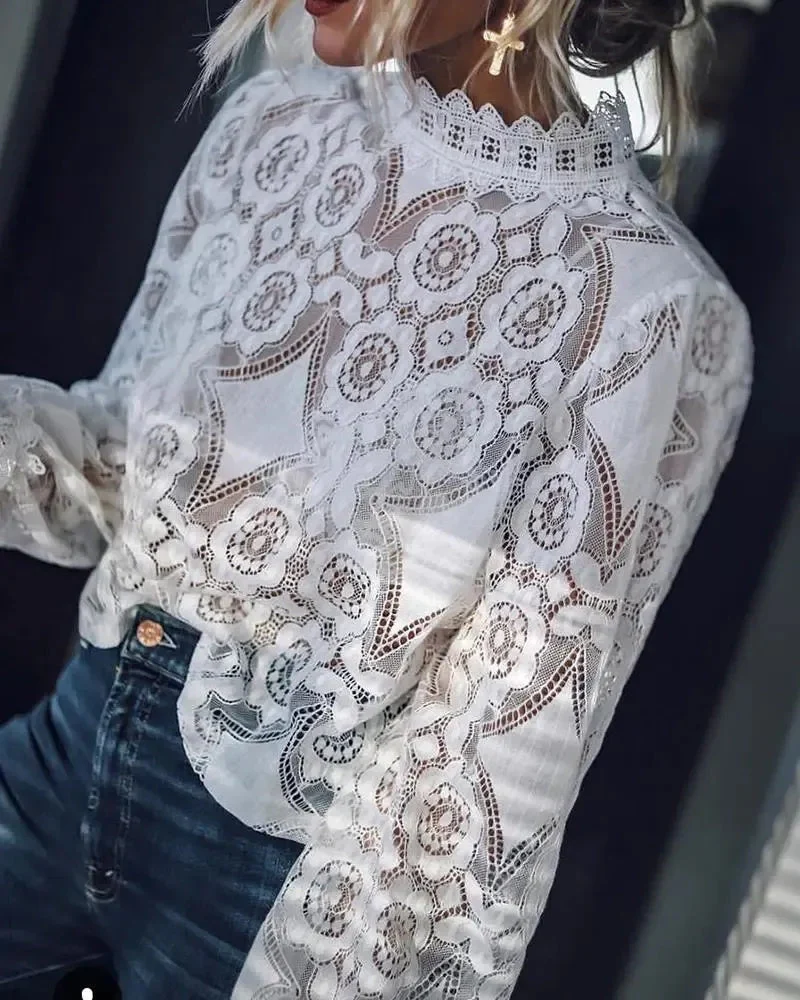 Deanwangkt - Casual Hollow Out Lace Long Sleeve Top - Deanwangkt