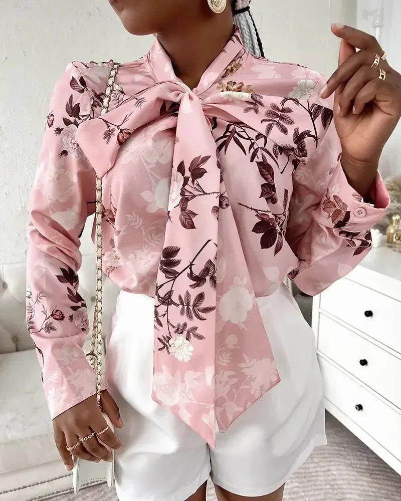 Deanwangkt - Floral Print Tie Neck Long Sleeve Top - Deanwangkt