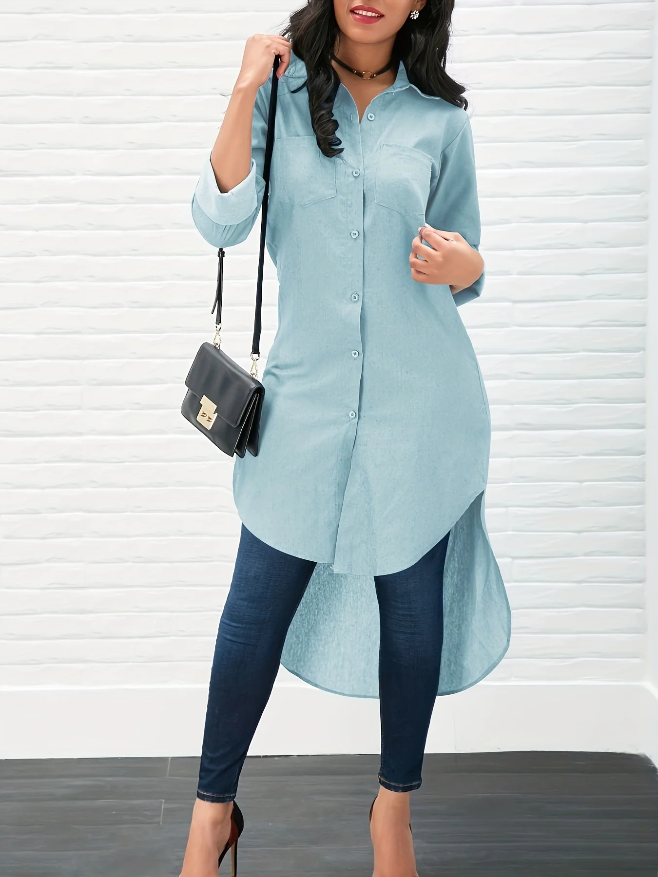 Solid Long Sleeve Button Down Lapel Irregular Hem Shirt, Elegant Pockets Stylish Comfy Shirt, Women's Clothing - Deanwangkt