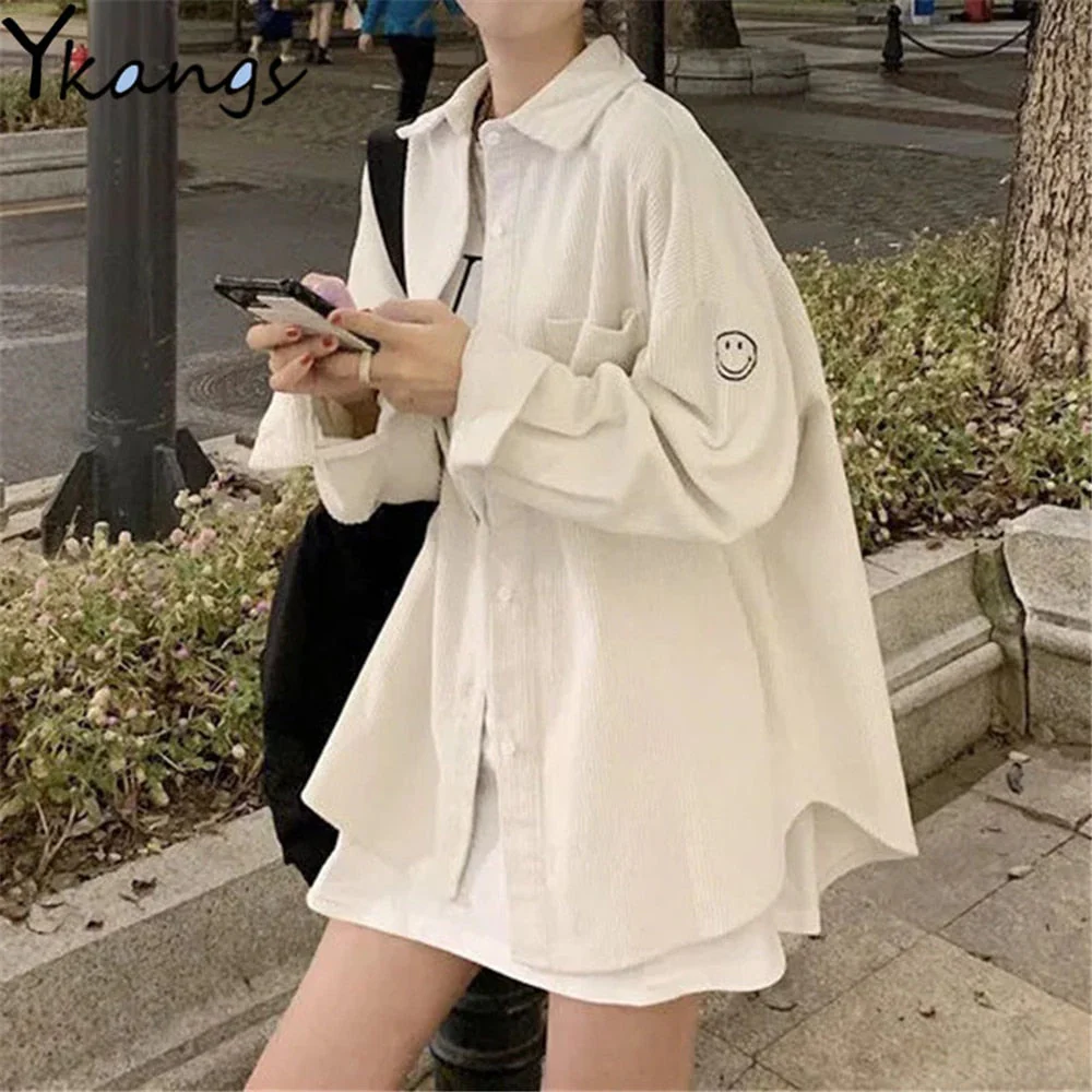 Autumn Loose Bf Women'S Fresh Simple Corduroy Shirt Smiley Embroidery Casual Solid Color Loose Blouses Tops Lady Clothes Coat - Deanwangkt