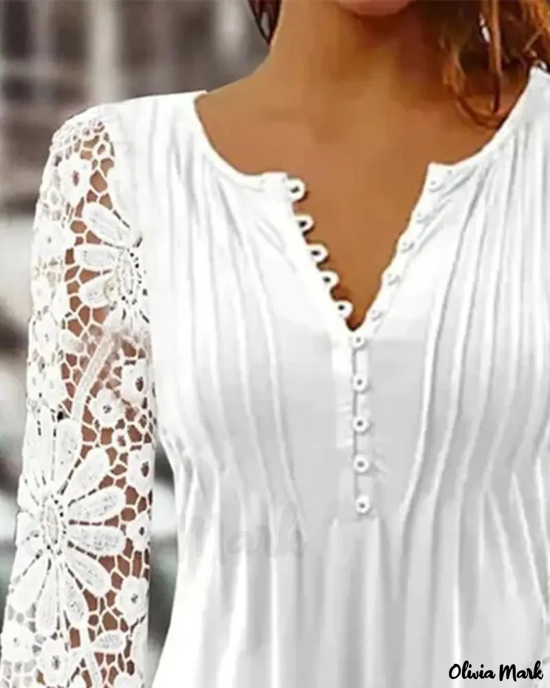 Deanwangkt - Contrast Lace Button-Down Long Sleeve Top - Deanwangkt