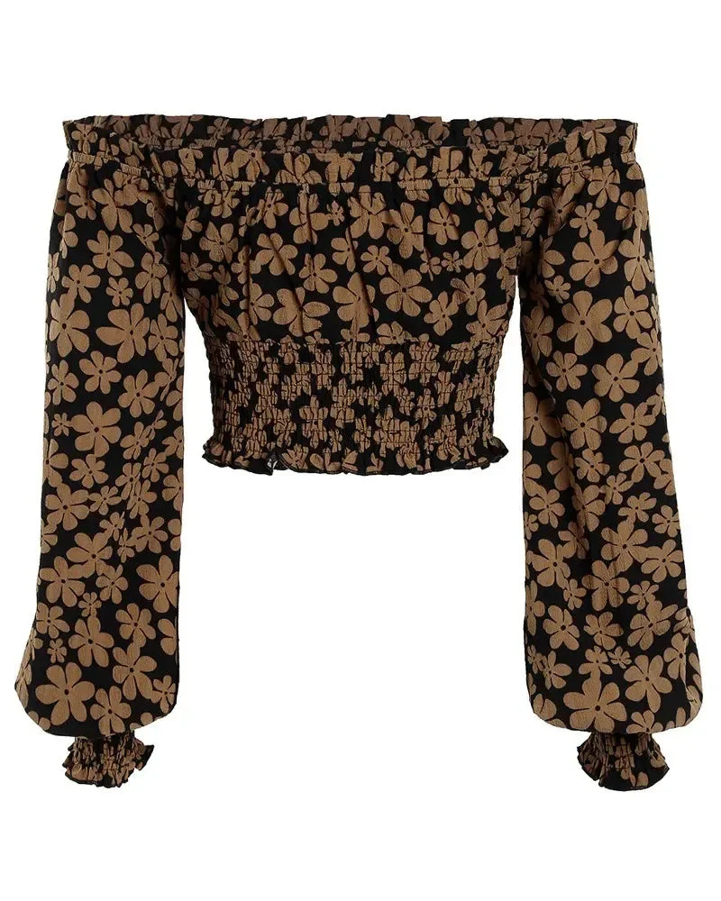 Deanwangkt - Ruched Floral Print Frill Hem Top - Deanwangkt