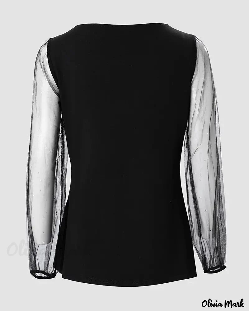 Deanwangkt - Contrast Tulle Long Sleeve Christmas Top with Wine Glass - Deanwangkt