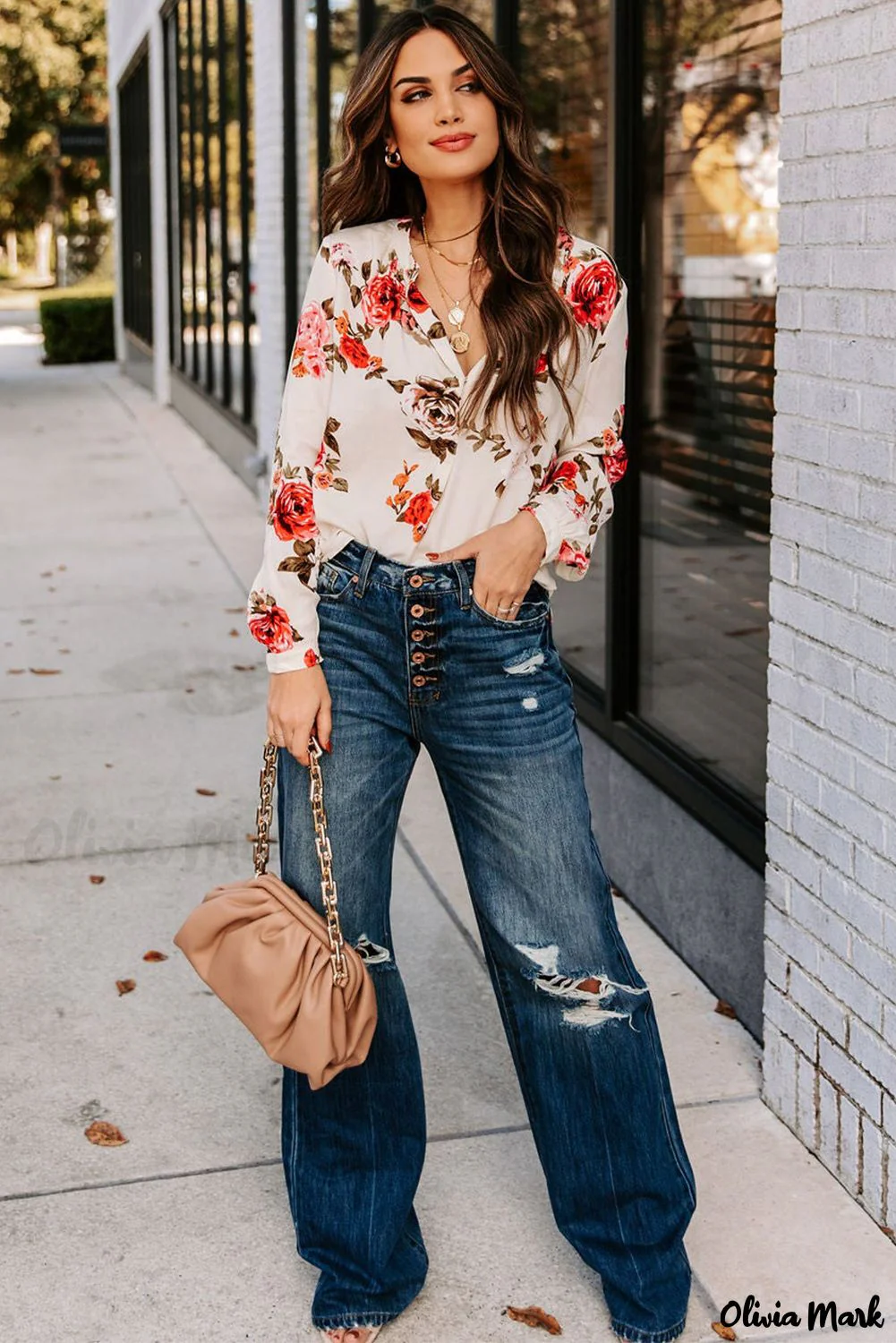 Deanwangkt - Beige Floral Print V-Neck Button Down Blouse - Deanwangkt