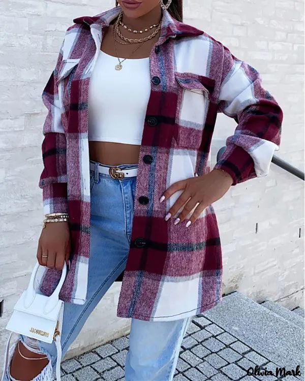 Deanwangkt - Plaid Print Pocket Button Pattern Long Sleeve Jacket - Deanwangkt