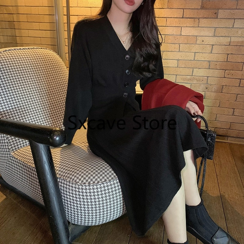 Christmas Gift Deanwangkt Winter Knitted Suits Women Pure Collor Elegant 2 Piece Dress Set Korean Style Slim Cardigan + Midi Skirts Office Lady Chic - Deanwangkt