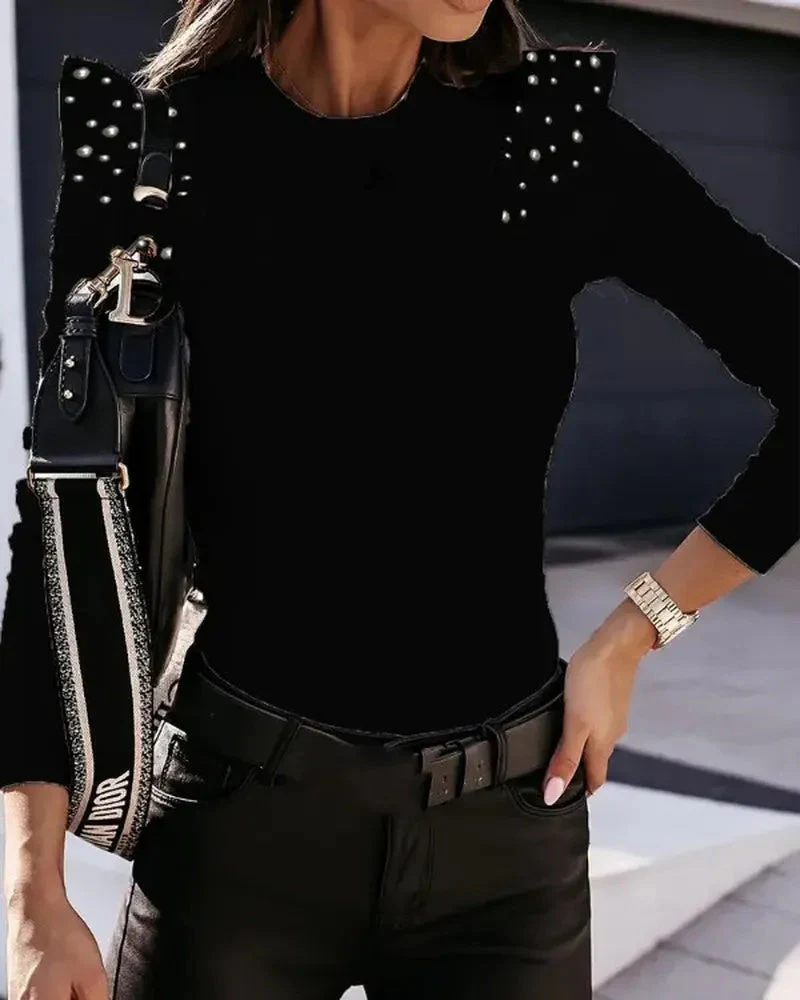 Deanwangkt - Long sleeve tight top with pearls and ruffles - Deanwangkt