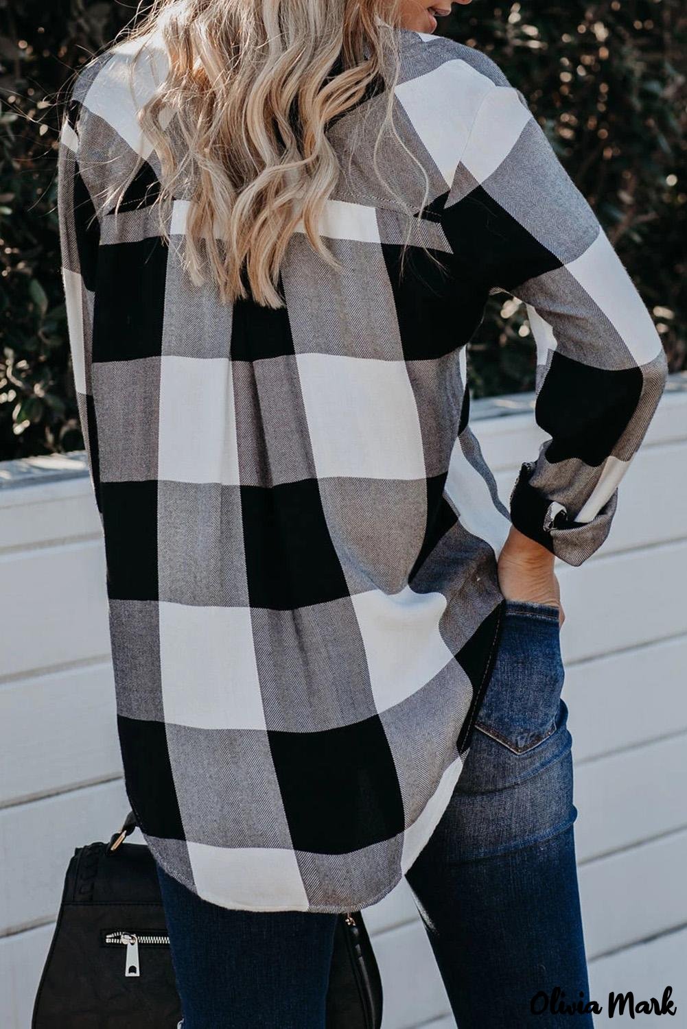 Deanwangkt - Black Plaid Turndown Collar Button Down Blouse with High/Low Hem - Deanwangkt