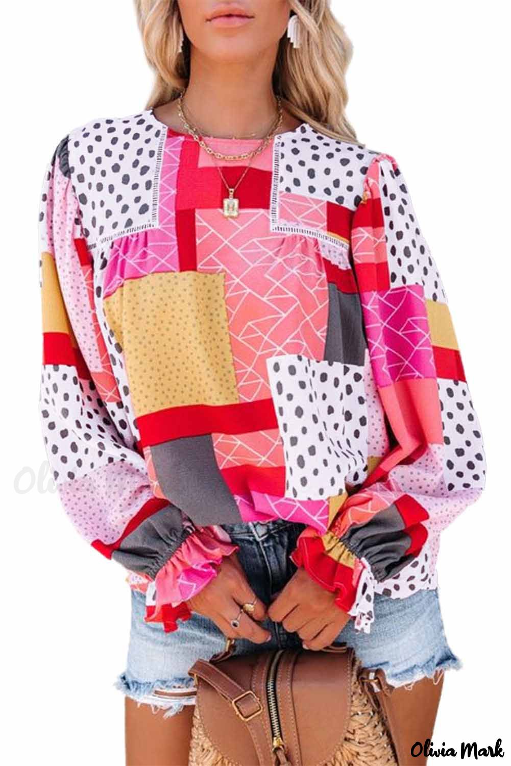 Deanwangkt - Multicolor Polka Dot Geometric Patchwork Long Sleeve Blouse - Deanwangkt