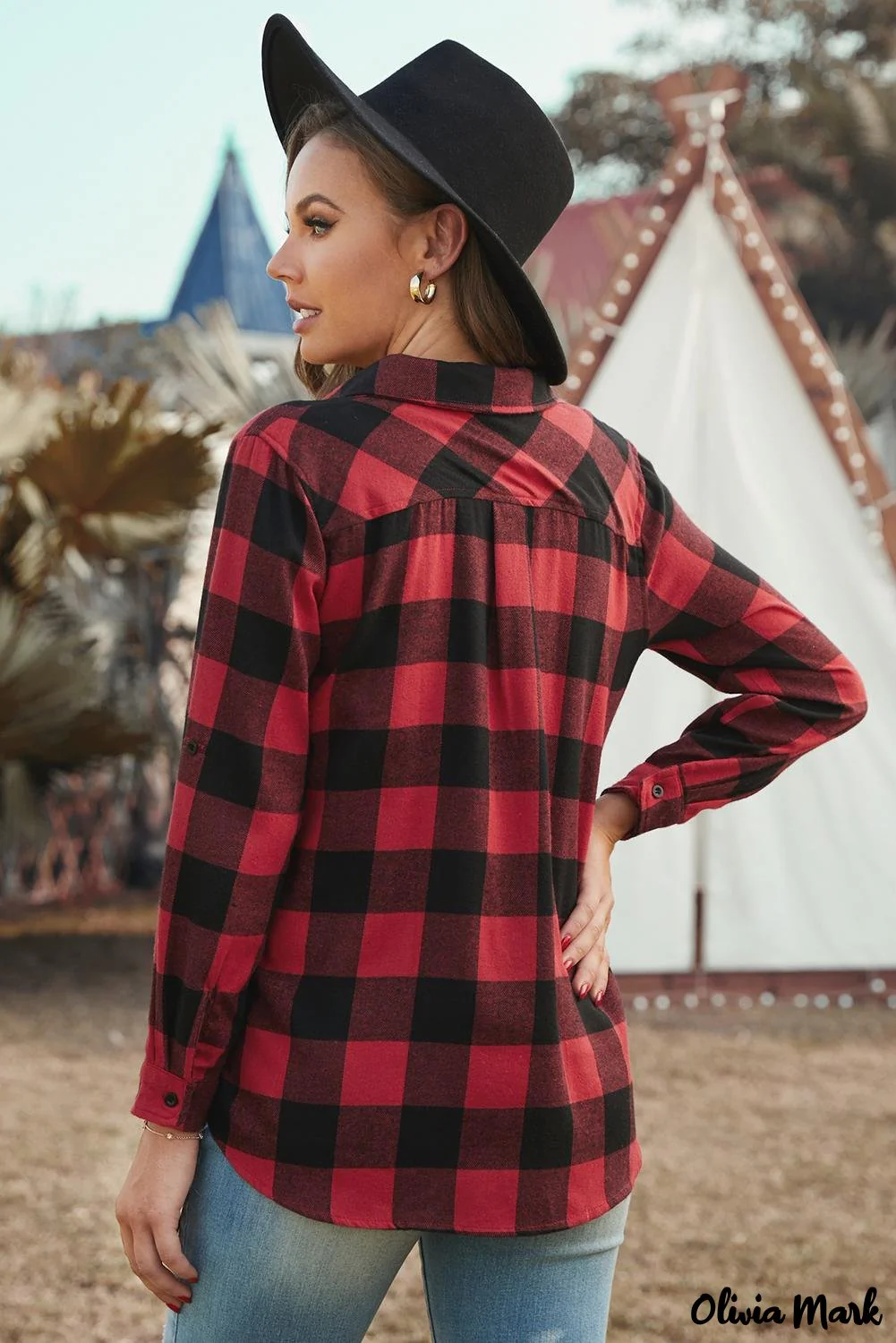 Deanwangkt - Red Buffalo Plaid Blouse with Button Pocket - Deanwangkt