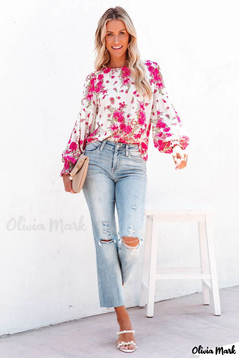 Deanwangkt - Pink floral blouse with round neck and bishop sleeves - Deanwangkt