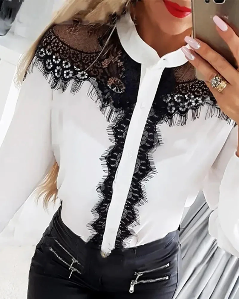 Deanwangkt - Long sleeve button up top with fringed lace patch - Deanwangkt