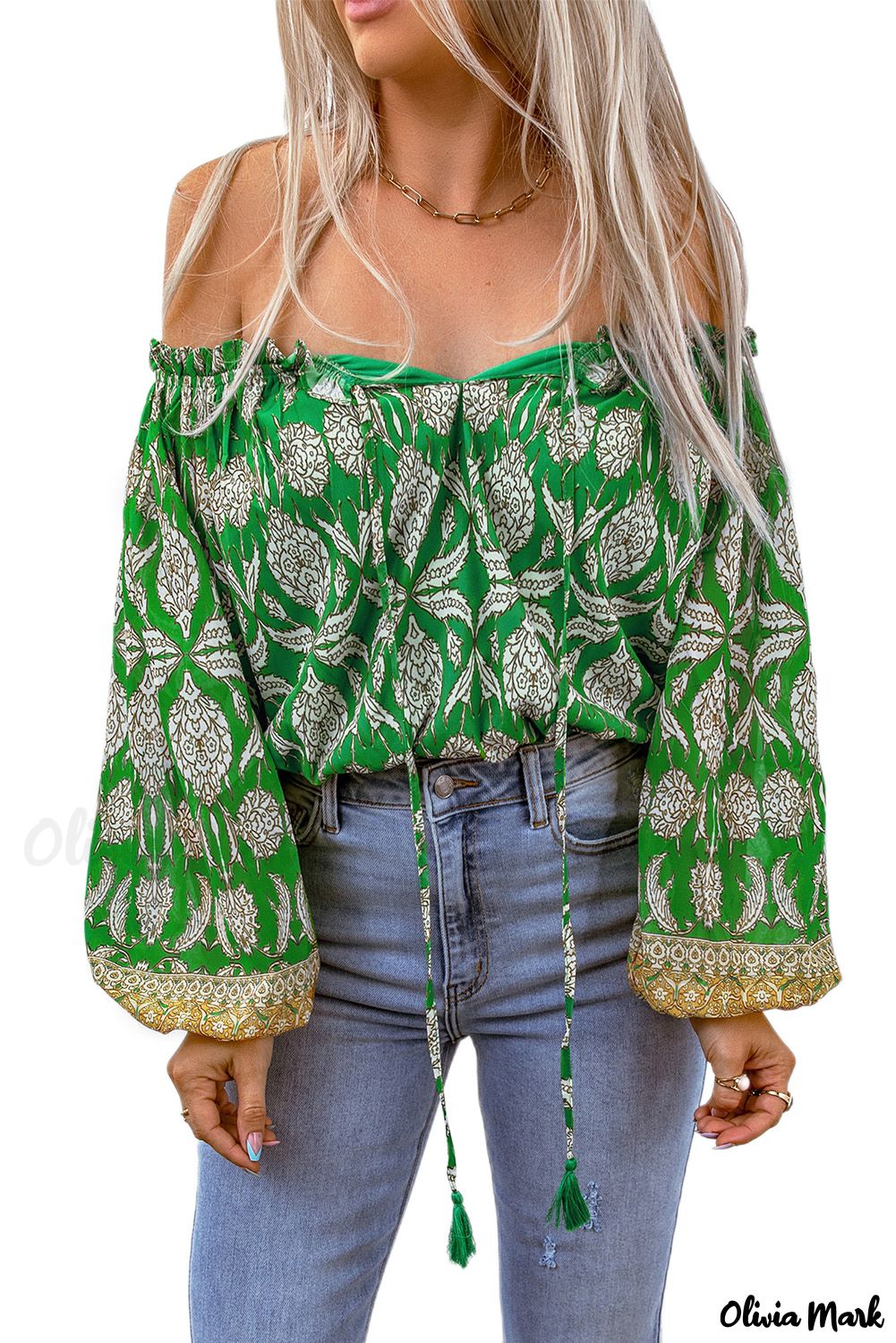 Deanwangkt - Green Floral Print Tie Shoulder Blouse - Deanwangkt