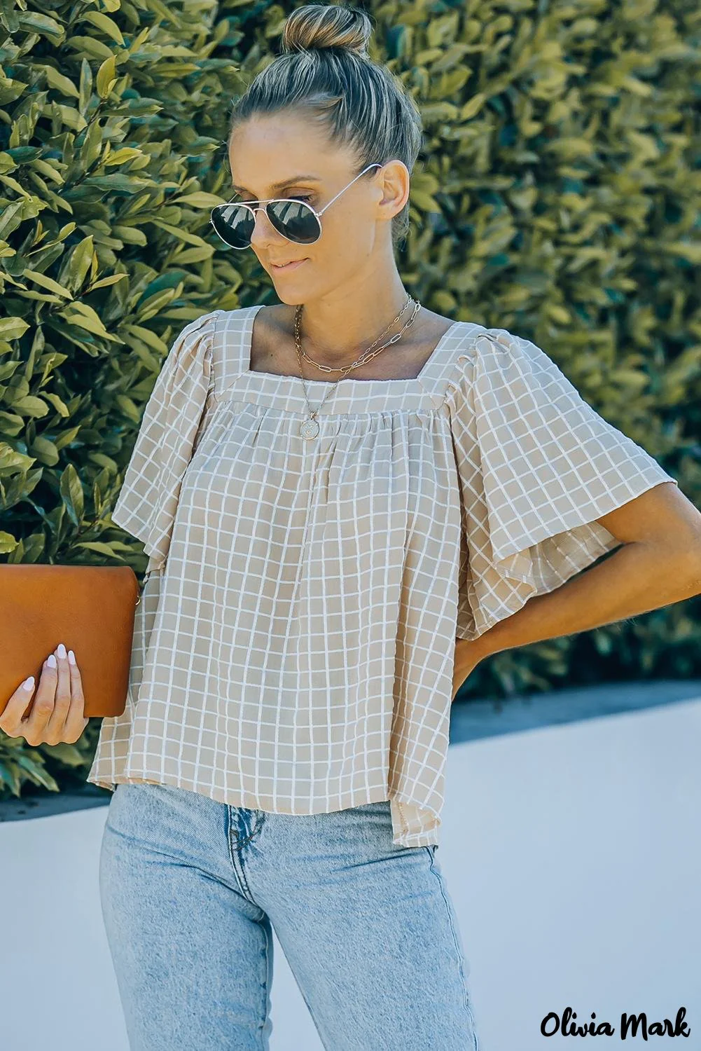 Deanwangkt - Khaki Gingham Flutter Sleeve Blouse - Deanwangkt