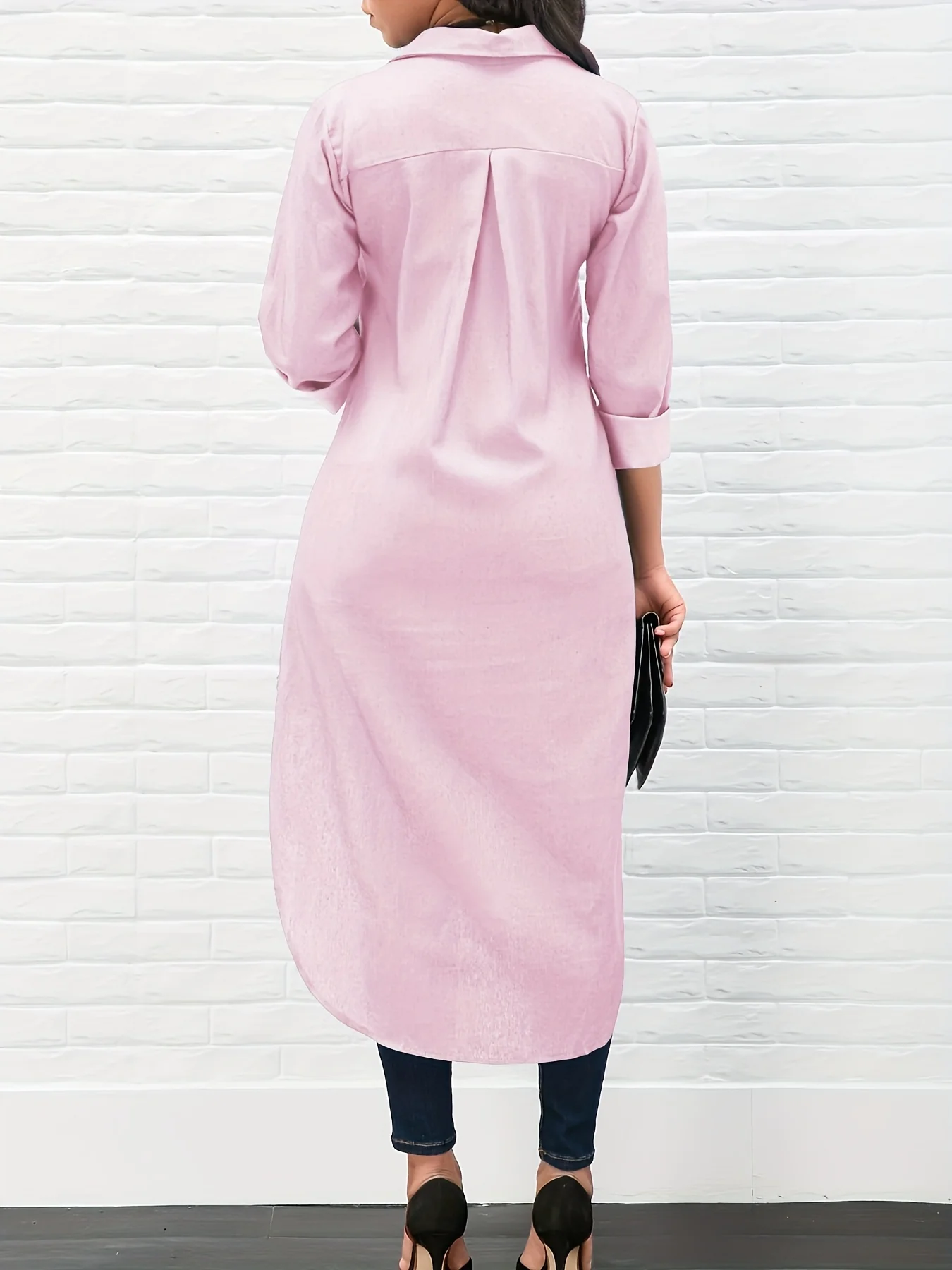 Solid Long Sleeve Button Down Lapel Irregular Hem Shirt, Elegant Pockets Stylish Comfy Shirt, Women's Clothing - Deanwangkt