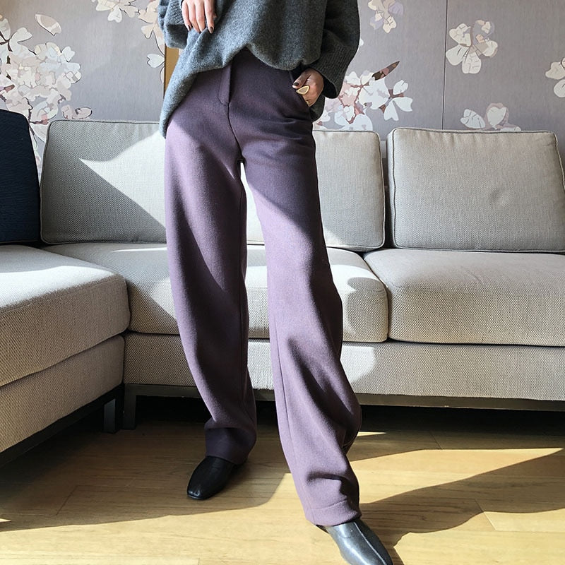 Christmas Gift Deanwangkt new wool pants women's autumn and winter straight pants wool cashmere pants wide leg pants high waist suspender casual pant - Deanwangkt