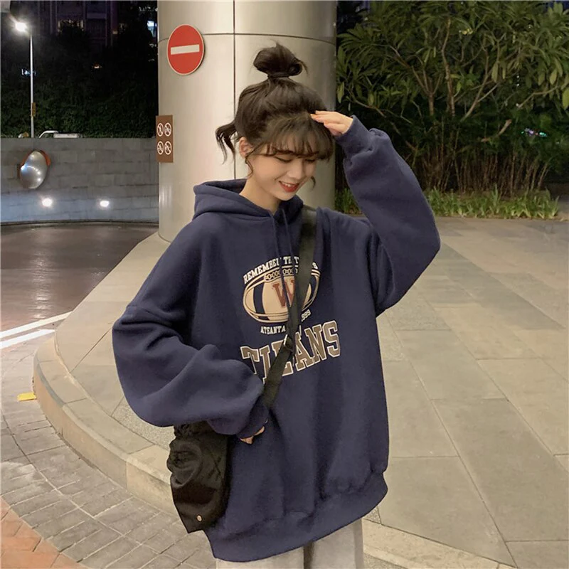 Black Friday Sales Women's Hooded Sweater Retro Trend Loose Lazy Letter Print Y2K Autumn And Winter All-Match Top Plus Fleece Pullover - Deanwangkt