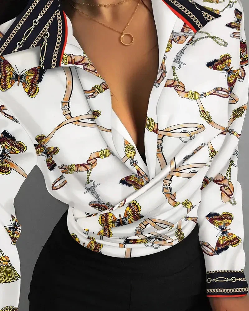 Deanwangkt - Butterfly Chain Print Long Sleeve Casual Shirt - Deanwangkt
