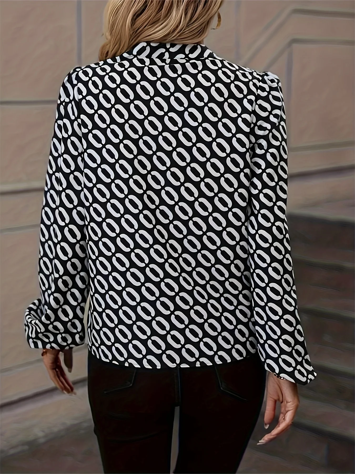 Chain Print Notched Neck Blouse, Elegant Long Sleeve Blouse For Spring & Fall, Women's Clothing - Deanwangkt