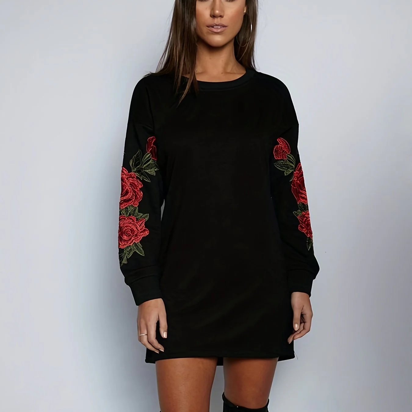 deanwangkt-1  Floral Winter Casual Dress, Crew Neck Long Sleeve Mini Dress, Women's Clothing - Deanwangkt