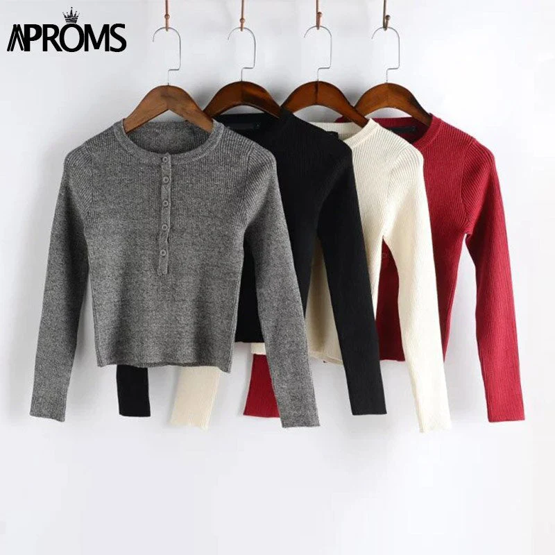 Christmas Gift Aproms Strentch Knitted Short Pullovers Sweater Winter Long Sleeve Slim Crop Top Streetwear Buttons Warm Knitwear Jumper Deanwangkt - Deanwangkt