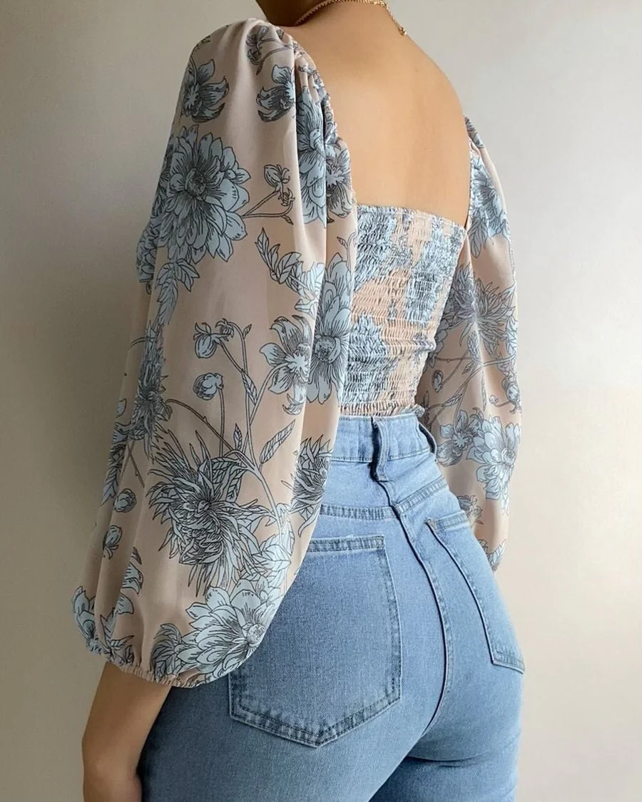 Back to college outfits Deanwangkt Women's T-shirt Deanwangkt Tunics Vintage Top Long Sleeve Pleated Open Back Strappy Top Bowknot Puff Sleeve Sexy fx0615 - Deanwangkt