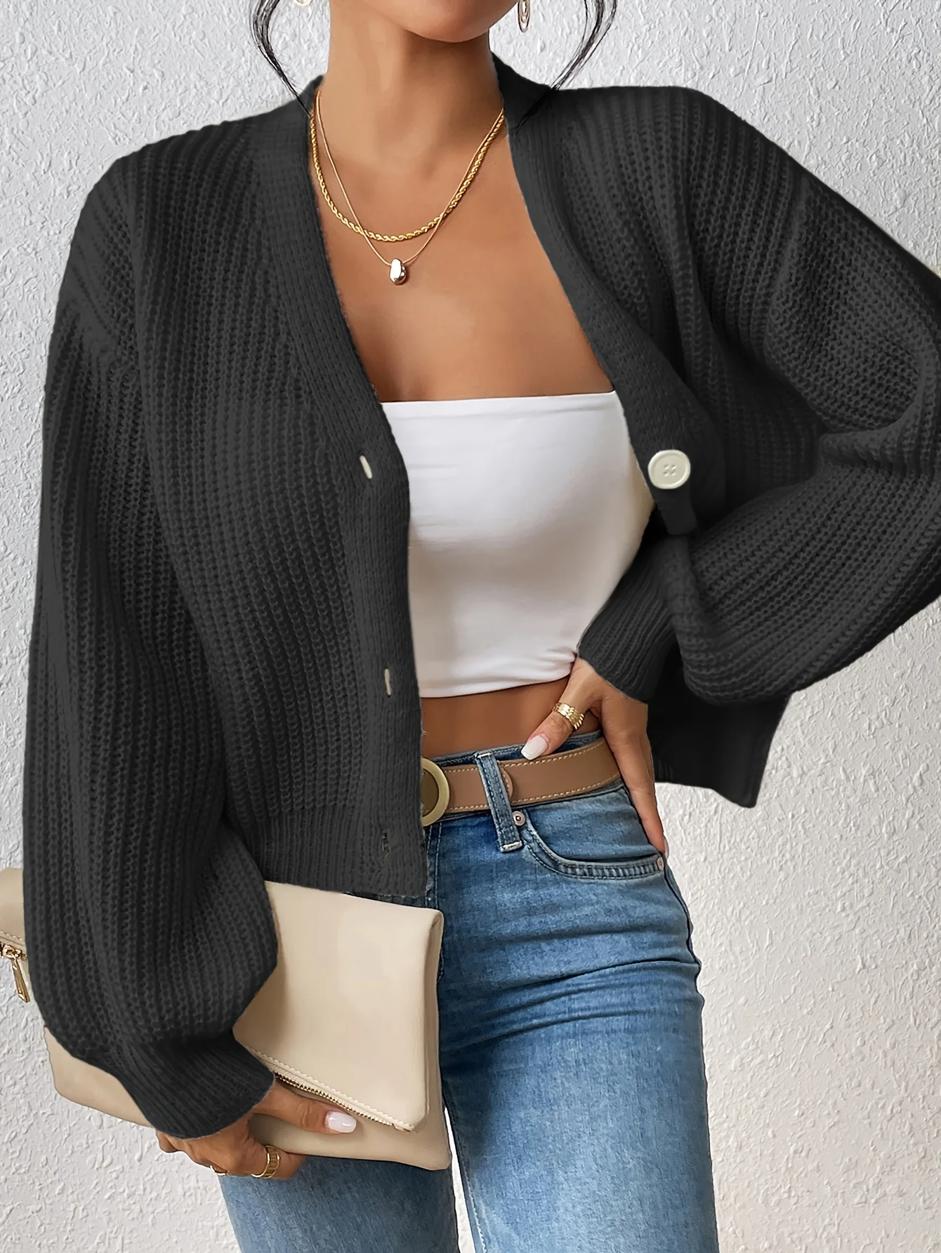 Solid Button Front Knitted Cardigans, Casual Long Lantern Sleeve Cardigan For Fall & Winter, Women's Clothing - Deanwangkt