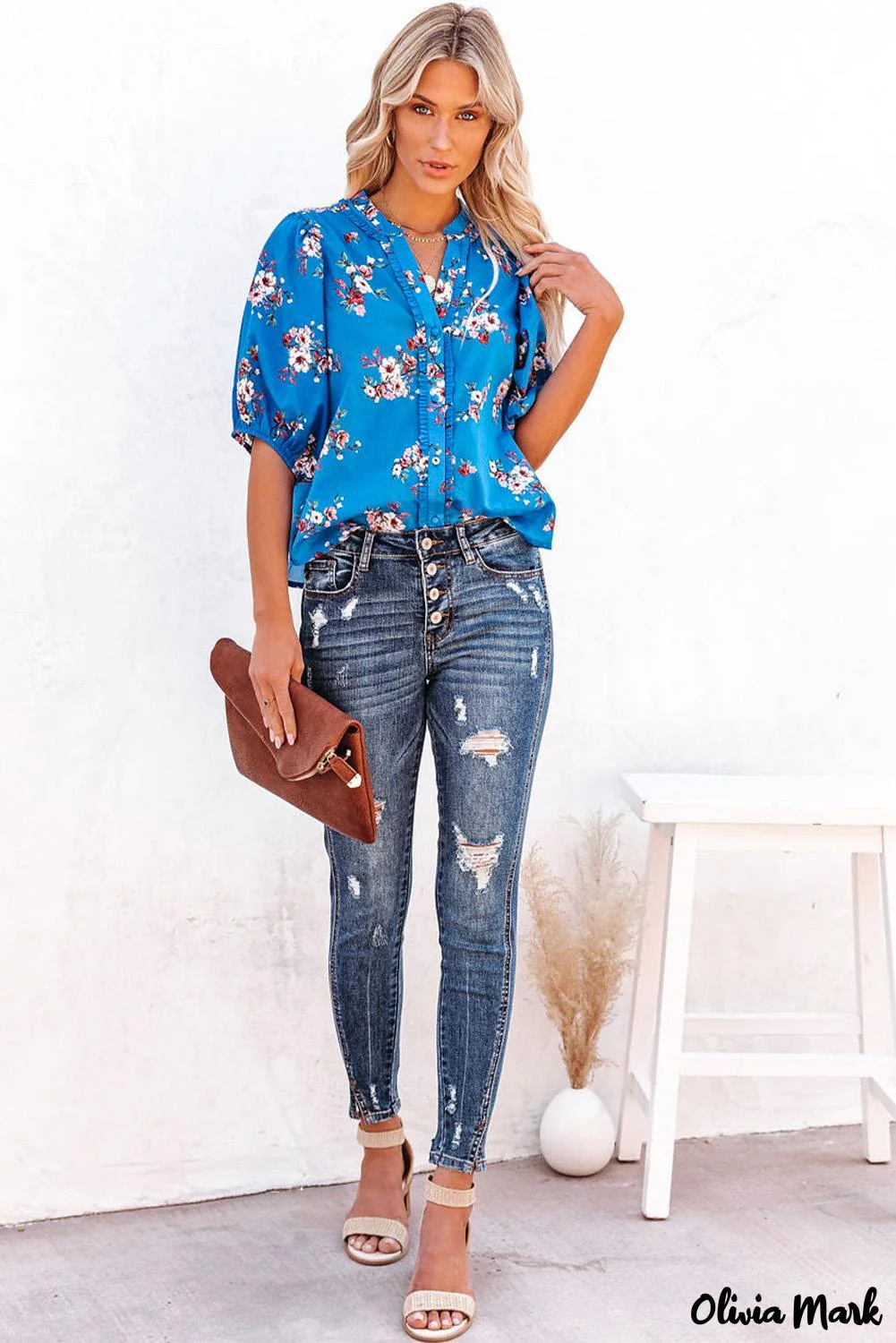 Deanwangkt - Blue Floral Print Button Up Puff Sleeve Blouse - Deanwangkt