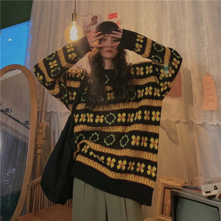Black Friday Sales Retro Striped Women Sweater Pullover Tops Autumn Winter Thick Loose Long-Sleeved Round Neck Harajuku Street Style Sweater Women - Deanwangkt