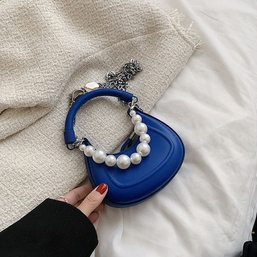 Back To College Deanwangkt Kawaii Tote PU Leather Half Moon Armpit Bag With Pearl Short Handle Women's Designer Handbag Luxury Shoulder Crossbody Bag - Deanwangkt